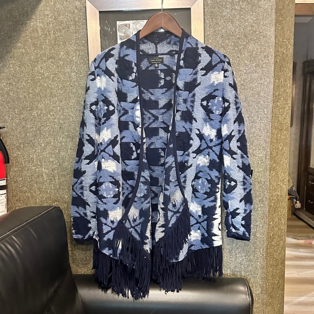 Lucky Brand Open Front Cardigan Sweater S Women Blue Fringe Southwestern 7WP5235